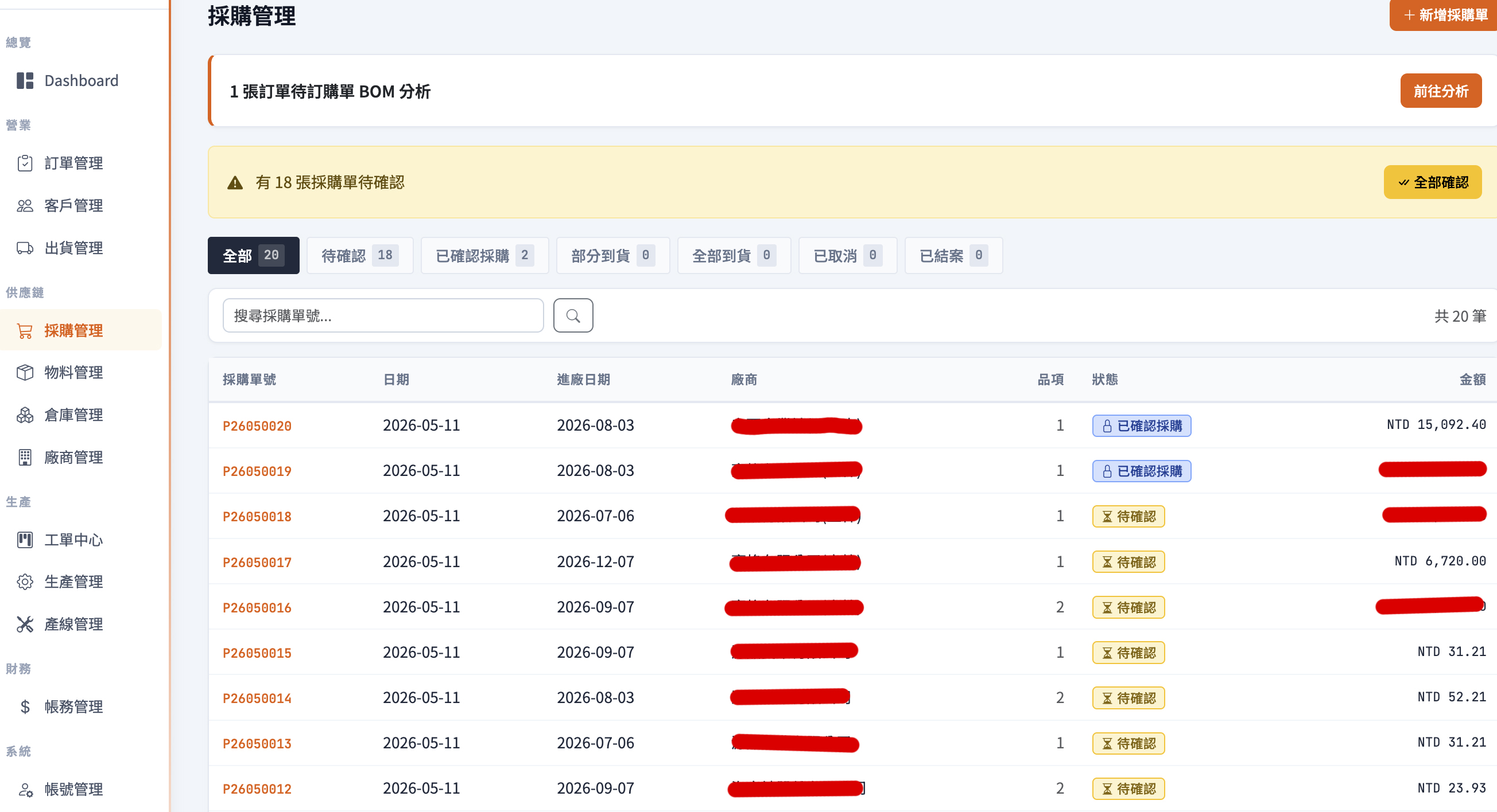 傳統工廠：BOM、採購與工單流程：採購單、BOM 分析與到貨確認